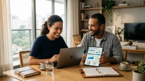 Casal brasileiro moderno analisando comparativo de redução de juros em tablet e computador portátil