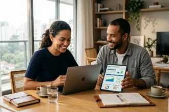 Casal brasileiro moderno analisando comparativo de redução de juros em tablet e computador portátil