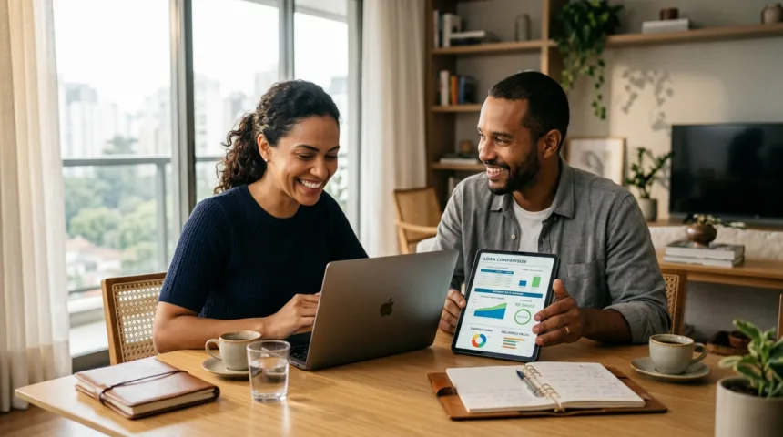 Casal brasileiro moderno analisando comparativo de redução de juros em tablet e computador portátil