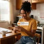 Jovem brasileira aliviada ao receber notificação de transferência Pix no smartphone em casa