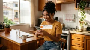 Jovem brasileira aliviada ao receber notificação de transferência Pix no smartphone em casa
