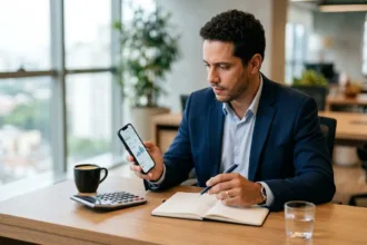 Profissional analisando no smartphone quanto rende no mercado pago um saldo de 1.000 reais por mês