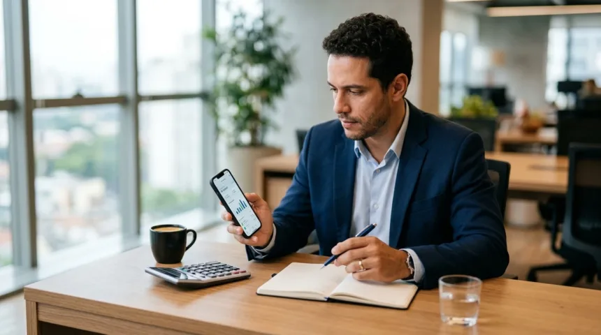 Profissional analisando no smartphone quanto rende no mercado pago um saldo de 1.000 reais por mês