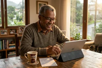 Aposentado brasileiro sorridente consultando extrato do INSS e simulação de refinanciamento consignado em tablet