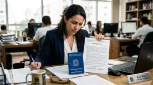 Profissional analisando carteira de trabalho e contrato para rescisão indireta CLT