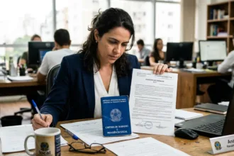 Profissional analisando carteira de trabalho e contrato para rescisão indireta CLT