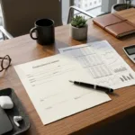 Mesa de escritório com contrato de trabalho, calculadora e formulários financeiros para cálculo de rescisão CLT