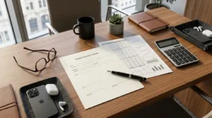 Mesa de escritório com contrato de trabalho, calculadora e formulários financeiros para cálculo de rescisão CLT