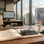 Calculadora de salário líquido e planejamento financeiro profissional sobre mesa de escritório moderno