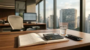 Calculadora de salário líquido e planejamento financeiro profissional sobre mesa de escritório moderno