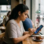 mulher brasileira consultando meu score serasa no celular em café de São Paulo