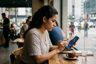 mulher brasileira consultando meu score serasa no celular em café de São Paulo