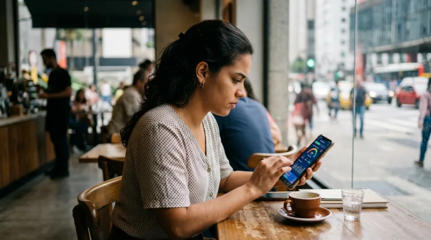 mulher brasileira consultando meu score serasa no celular em café de São Paulo