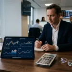 Executivo financeiro analisando relatórios e gráficos de taxas de juros em escritório moderno