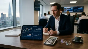 Executivo financeiro analisando relatórios e gráficos de taxas de juros em escritório moderno