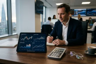 Executivo financeiro analisando relatórios e gráficos de taxas de juros em escritório moderno