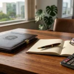 Documento oficial da previdência social e calculadora financeira sobre mesa executiva