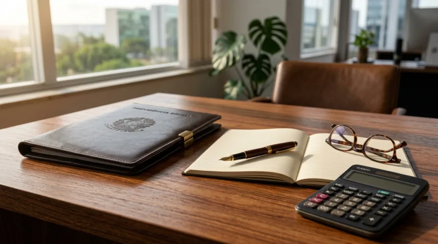 Documento oficial da previdência social e calculadora financeira sobre mesa executiva