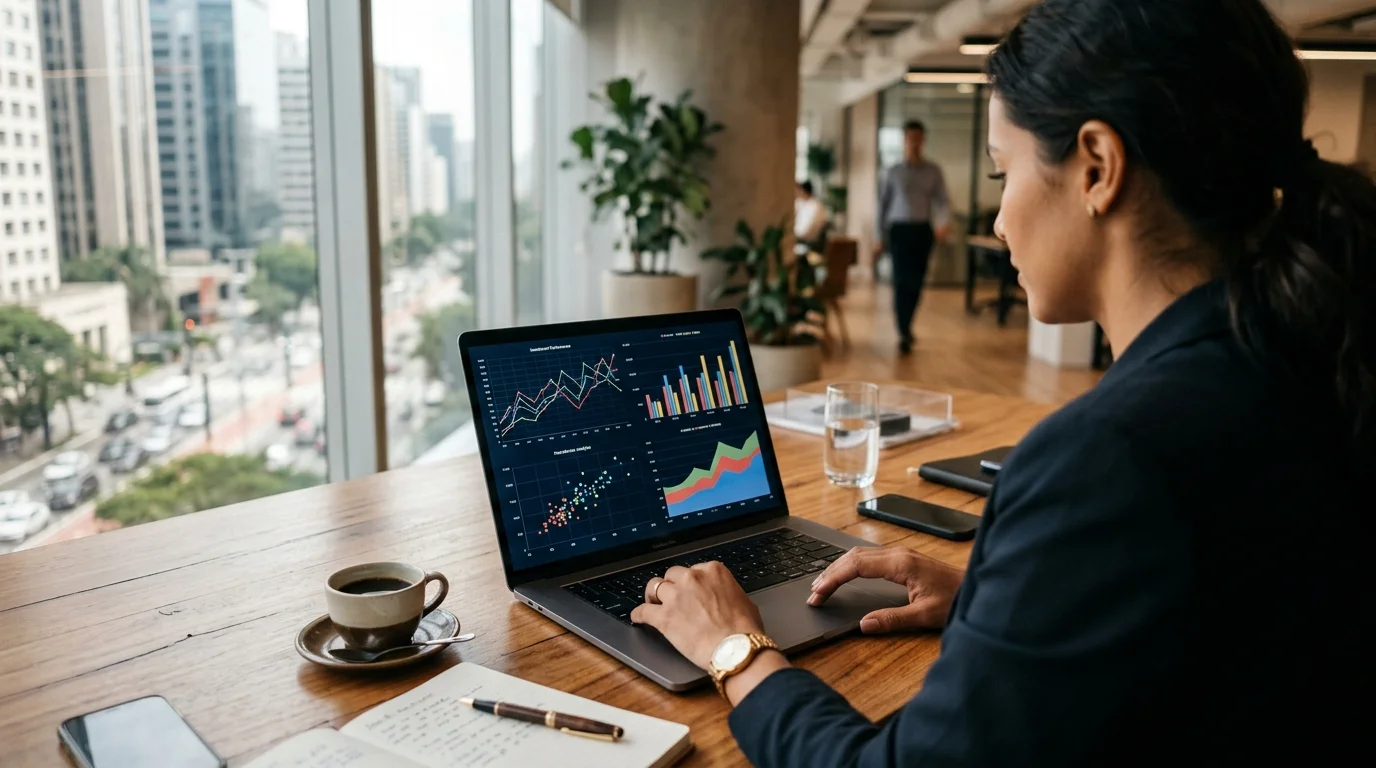Executiva analisando gráficos de conversão de taxa nominal e juros compostos em notebook