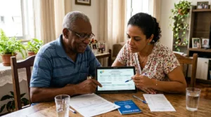 Aposentado brasileiro idoso e sua filha adulta analisando documentos oficiais e taxas do empréstimo consignado do INSS em tablet na cozinha