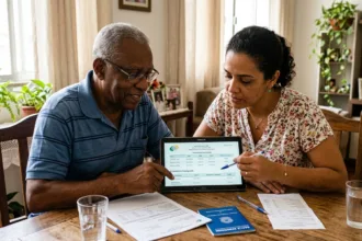 Aposentado brasileiro idoso e sua filha adulta analisando documentos oficiais e taxas do empréstimo consignado do INSS em tablet na cozinha