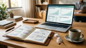 Mesa de trabalho com laptop exibindo gráficos de aposentadoria e caderno de metas financeiras