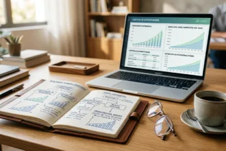 Mesa de trabalho com laptop exibindo gráficos de aposentadoria e caderno de metas financeiras