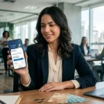 Trabalhadora com smartphone consultando contratação de antecipação do 13º salário empréstimo em escritório