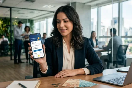 Trabalhadora com smartphone consultando contratação de antecipação do 13º salário empréstimo em escritório