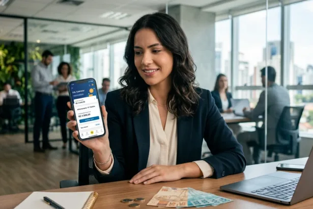 Trabalhadora com smartphone consultando contratação de antecipação do 13º salário empréstimo em escritório
