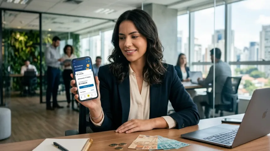Trabalhadora com smartphone consultando contratação de antecipação do 13º salário empréstimo em escritório