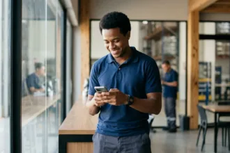 Trabalhador consultando aplicativo para antecipar salário flash no smartphone