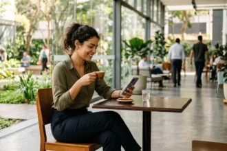 Trabalhador analisando se o Blipay vale a pena no smartphone