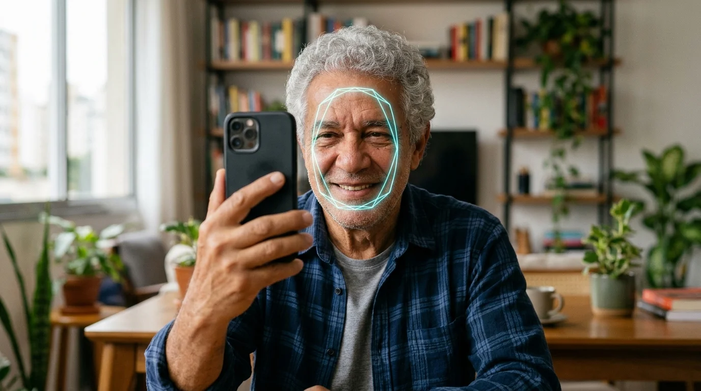 Idoso utilizando biometria facial no celular para bloquear desconto indevido inss