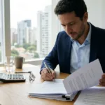 Contribuinte revisando documentos e declaração do Imposto de Renda após descobrir que caí na malha fina