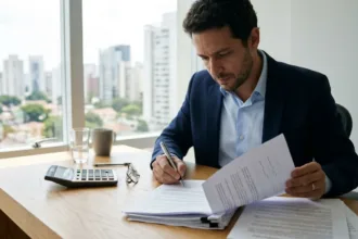 Contribuinte revisando documentos e declaração do Imposto de Renda após descobrir que caí na malha fina