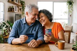 Casal de aposentados brasileiros consultando o cartão benefício inss pelo celular em casa