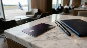 Cartão Nubank Ultravioleta metálico Mastercard Black em mesa executiva de aeroporto