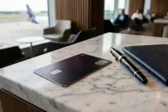 Cartão Nubank Ultravioleta metálico Mastercard Black em mesa executiva de aeroporto