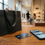 Cartão Riachuelo Midway e aplicativo financeiro em balcão de compras