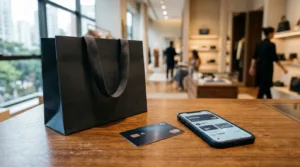 Cartão Riachuelo Midway e aplicativo financeiro em balcão de compras