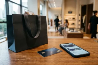 Cartão Riachuelo Midway e aplicativo financeiro em balcão de compras