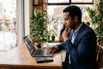 Empreendedor brasileiro analisando planilha financeira para aprender como calcular capital de giro da empresa