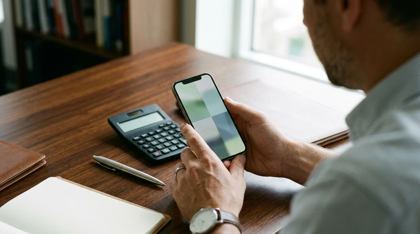 Consumidor simulando taxas no celular antes de pagar boleto no cartão de crédito