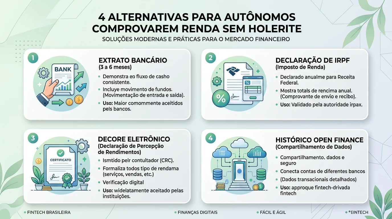 Infográfico demonstrando 4 alternativas para autônomos comprovarem renda sem holerite: extrato bancário, IRPF, Decore e Open Finance