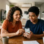 Mãe e filho adolescente acompanhando no celular a abertura de conta digital para menor de 18 anos