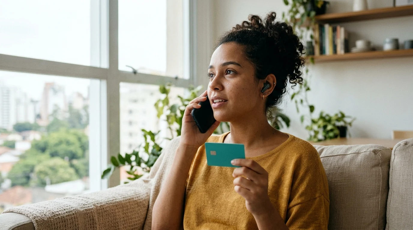 Cliente acionando suporte bancário pelo celular para contestar compra não reconhecida e pedir estorno