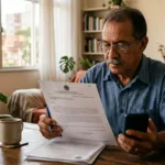 Aposentado conferindo extrato e celular para cancelar desconto indevido inss em 2026
