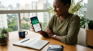 Consumidora com smartphone exibindo confirmação de empréstimo de 1000 reais na hora via Pix na mesa de trabalho