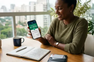Consumidora com smartphone exibindo confirmação de empréstimo de 1000 reais na hora via Pix na mesa de trabalho